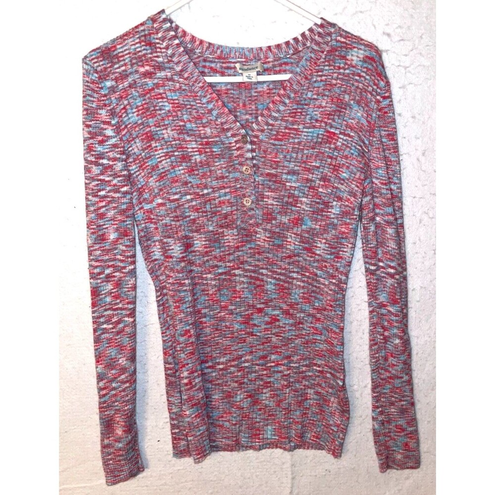 Sundance Ribbed Pullover Top Womens M Long Sleeve Henley Thermal Cuff V-neck NEW